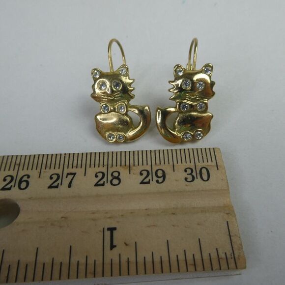 Gold Tone Kitty Cat Kitten Rhinestone Drop Lever Back Pierced Earrings Kitties - Picture 5 of 6